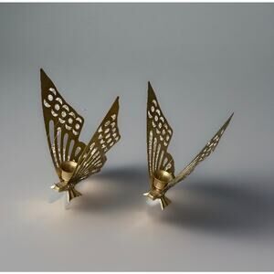 Vintage Brass Butterfly Taper Candle Holders Pair MCM Hollywood Regency Boho